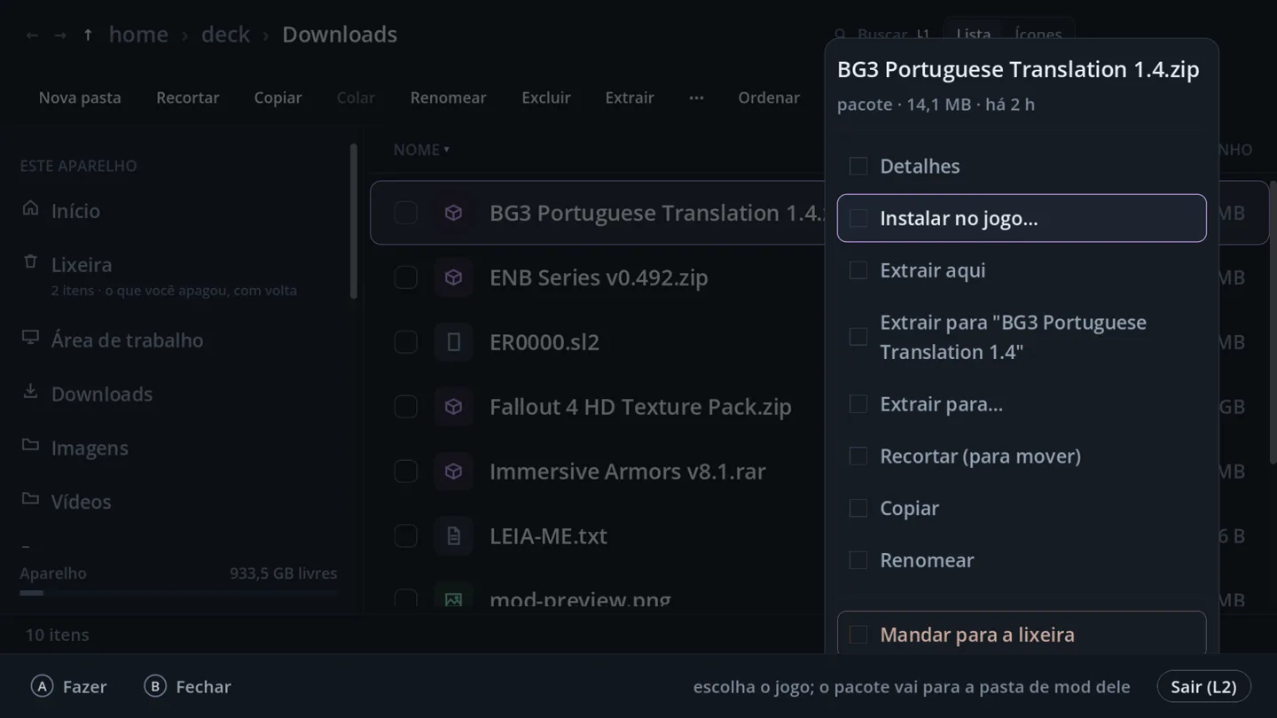 Ações de um pacote compactado: instalar no jogo ou extrair