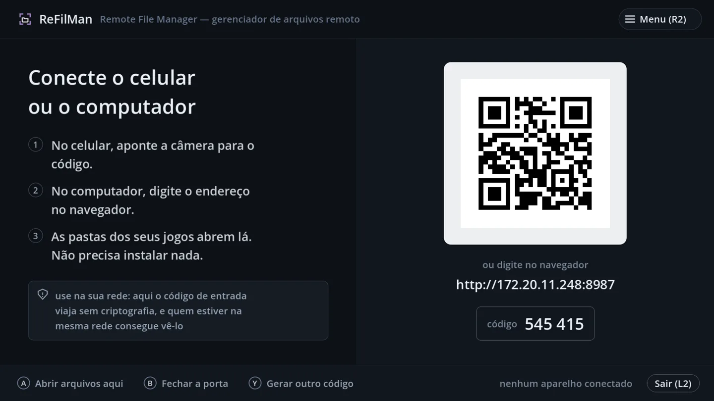 Tela do ReFilMan com o QR code para conectar o celular